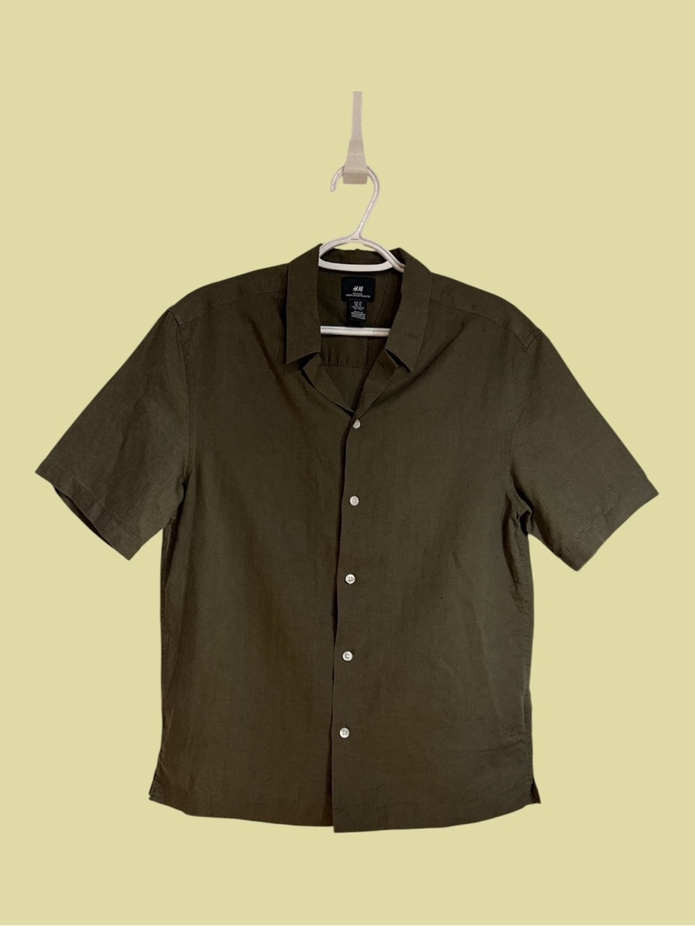 H&M Men’s Linen Cotton Blend Short Sleeve Relaxed Fit Dk Khaki Resort Shirt XS